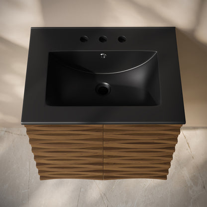 Swiss Madison, Cascade 24" Wall-Mounted Bathroom Vanity in Brown Oak with Black 3-Hole Widespread Sink Top
