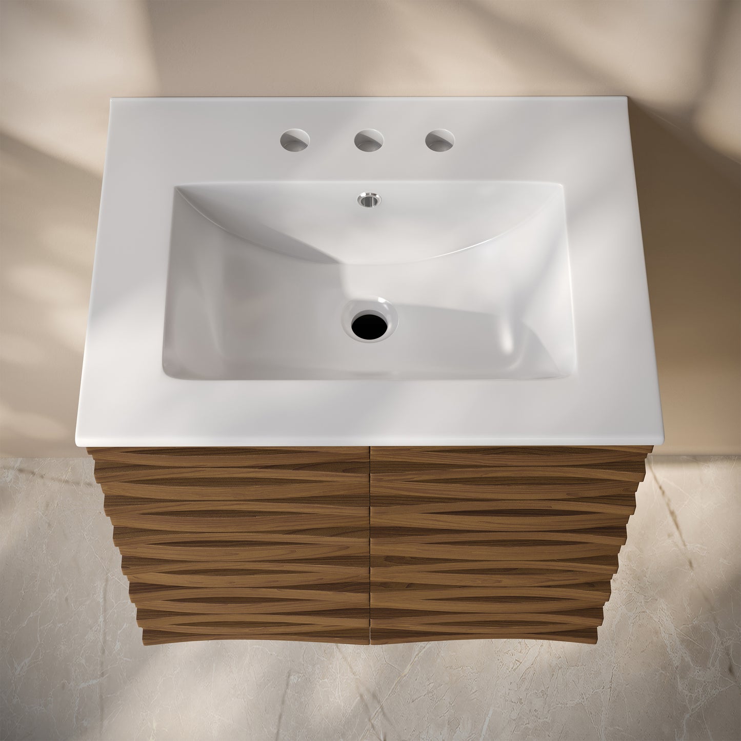 Swiss Madison, Cascade 24" Wall-Mounted Bathroom Vanity in Brown Oak with 3-Hole Widespread Sink Top