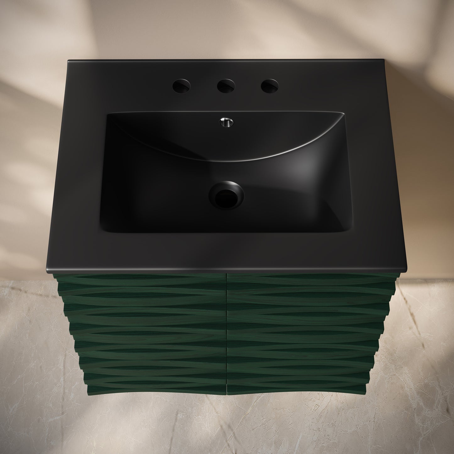 Swiss Madison, Cascade 24" Wall-Mounted Bathroom Vanity in Green Oak with Black 3-Hole Widespread Sink Top