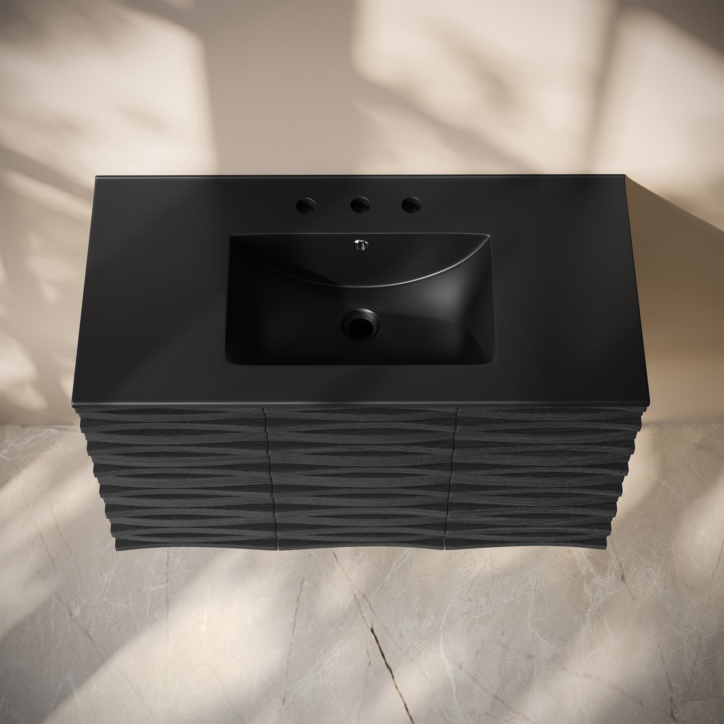 Swiss Madison, Cascade 36" Wall-Mounted Bathroom Vanity in Black Oak with Black 3-Hole Widespread Sink Top