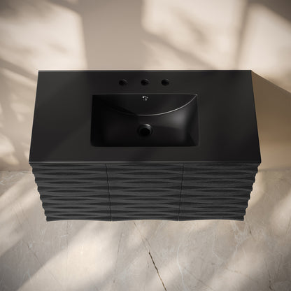 Swiss Madison, Cascade 36" Wall-Mounted Bathroom Vanity in Black Oak with Black 3-Hole Widespread Sink Top