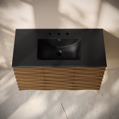 Swiss Madison, Cascade 36" Wall-Mounted Bathroom Vanity in Brown Oak with Black 3-Hole Widespread Sink Top