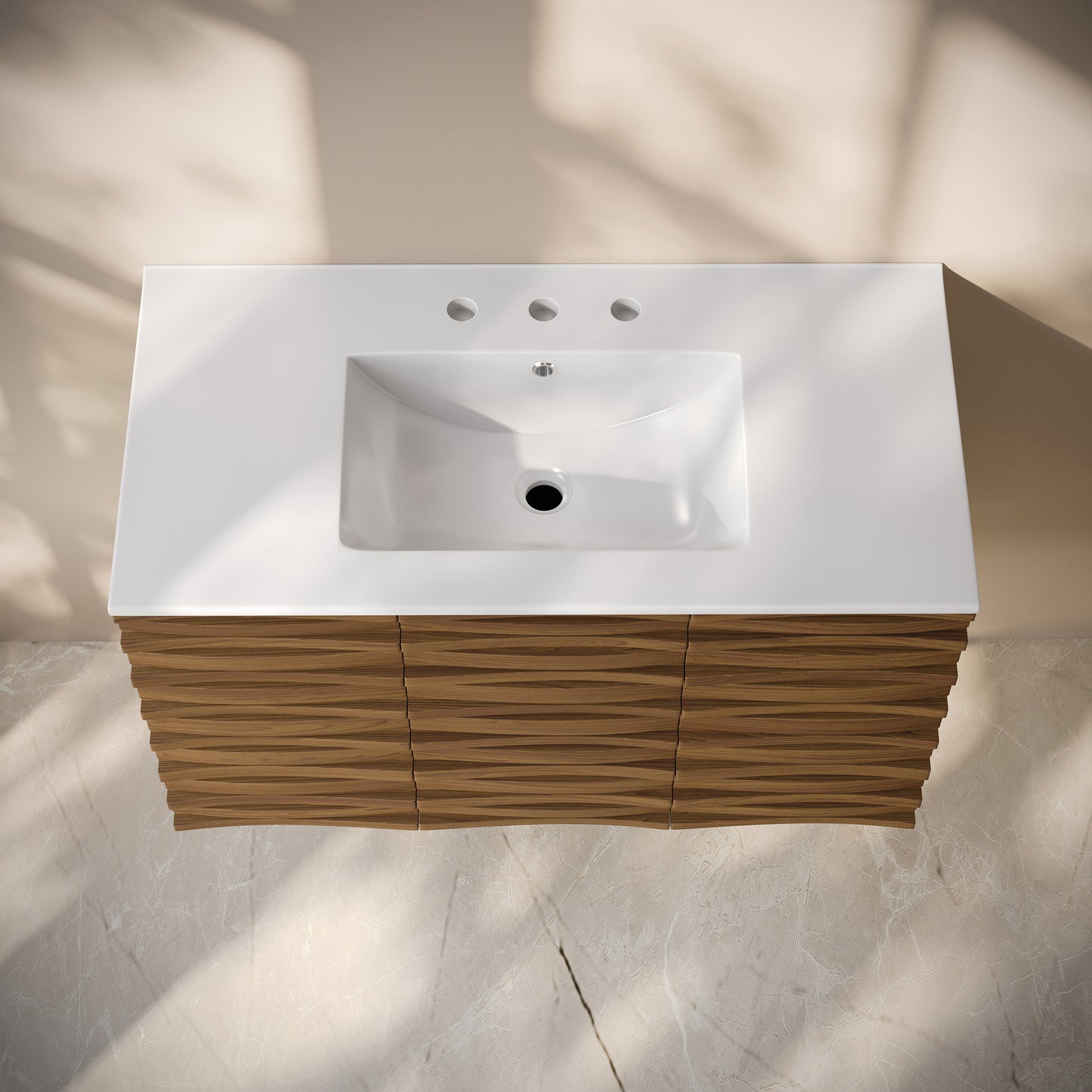 Swiss Madison, Cascade 36" Wall-Mounted Bathroom Vanity in Brown Oak with 3-Hole Widespread Sink Top