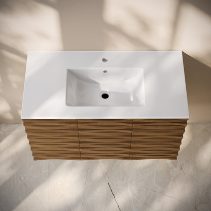 Swiss Madison, Cascade 36" Wall-Mounted Bathroom Vanity in Brown Oak with Sink Top