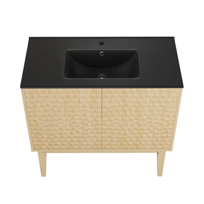 Swiss Madison, Bosse 36" Freestanding Bathroom Vanity in Natural Oak with Black Sink Top