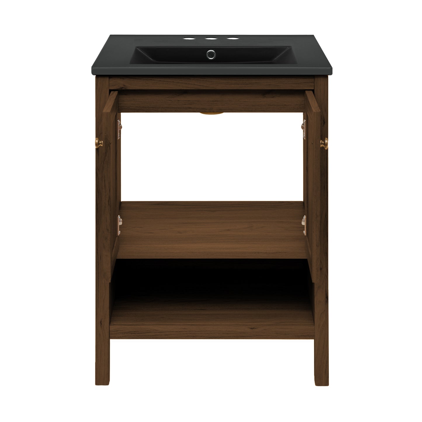 Swiss Madison, Chateau 24" Freestanding Bathroom Vanity in Brown Oak with Black 3-Hole Centerset Sink Top