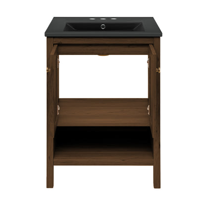 Swiss Madison, Chateau 24" Freestanding Bathroom Vanity in Brown Oak with Black 3-Hole Centerset Sink Top