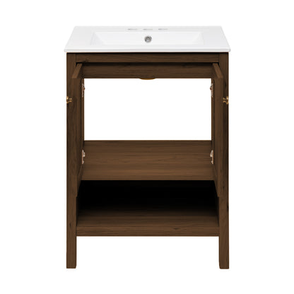 Swiss Madison, Chateau 24" Freestanding Bathroom Vanity in Brown Oak with 3-Hole Centerset Sink Top