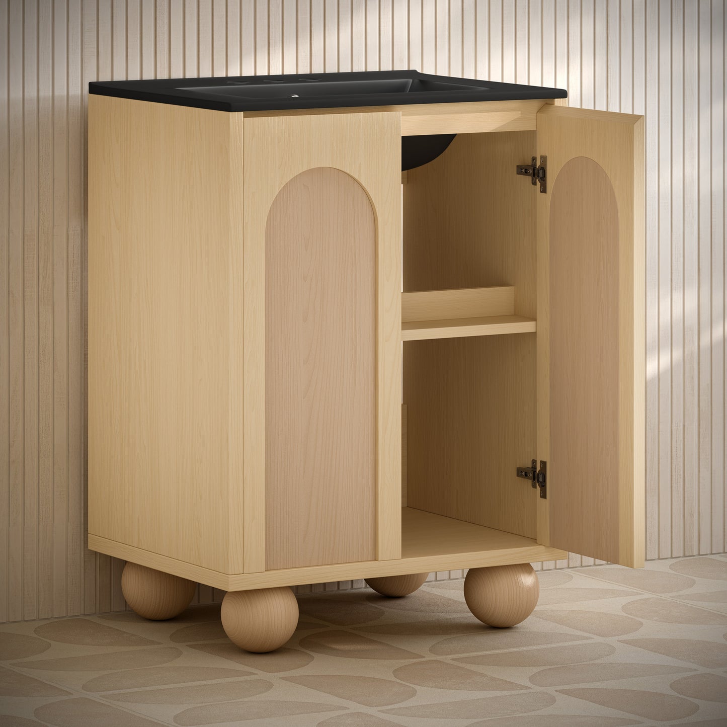 Swiss Madison, Plaisir II 24" Freestanding Bathroom Vanity in Natural Oak with Black 3-Hole Centerset Sink Top