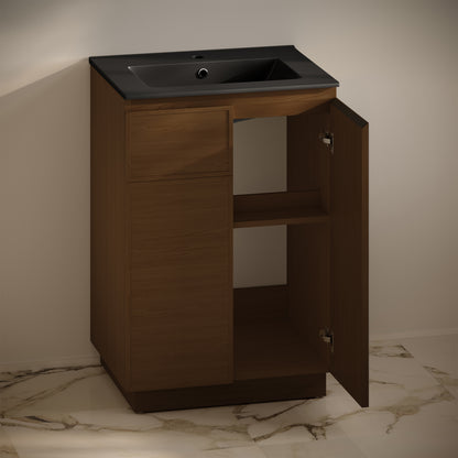 Swiss Madison, St. Tropez 24" Freestanding Bathroom Vanity in Brown Oak with Black Sink Top