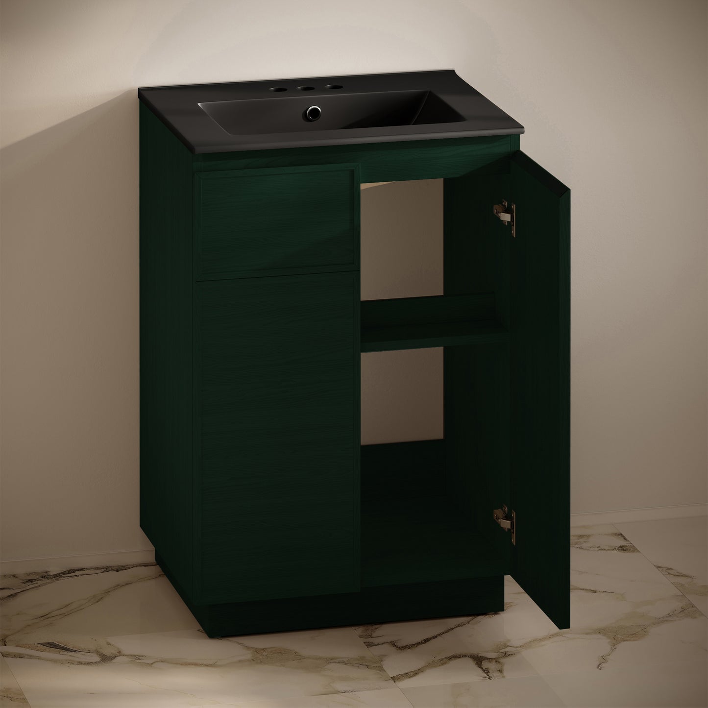 Swiss Madison, St. Tropez 24" Freestanding Bathroom Vanity in Green Oak with Black 3-Hole Centerset Sink Top