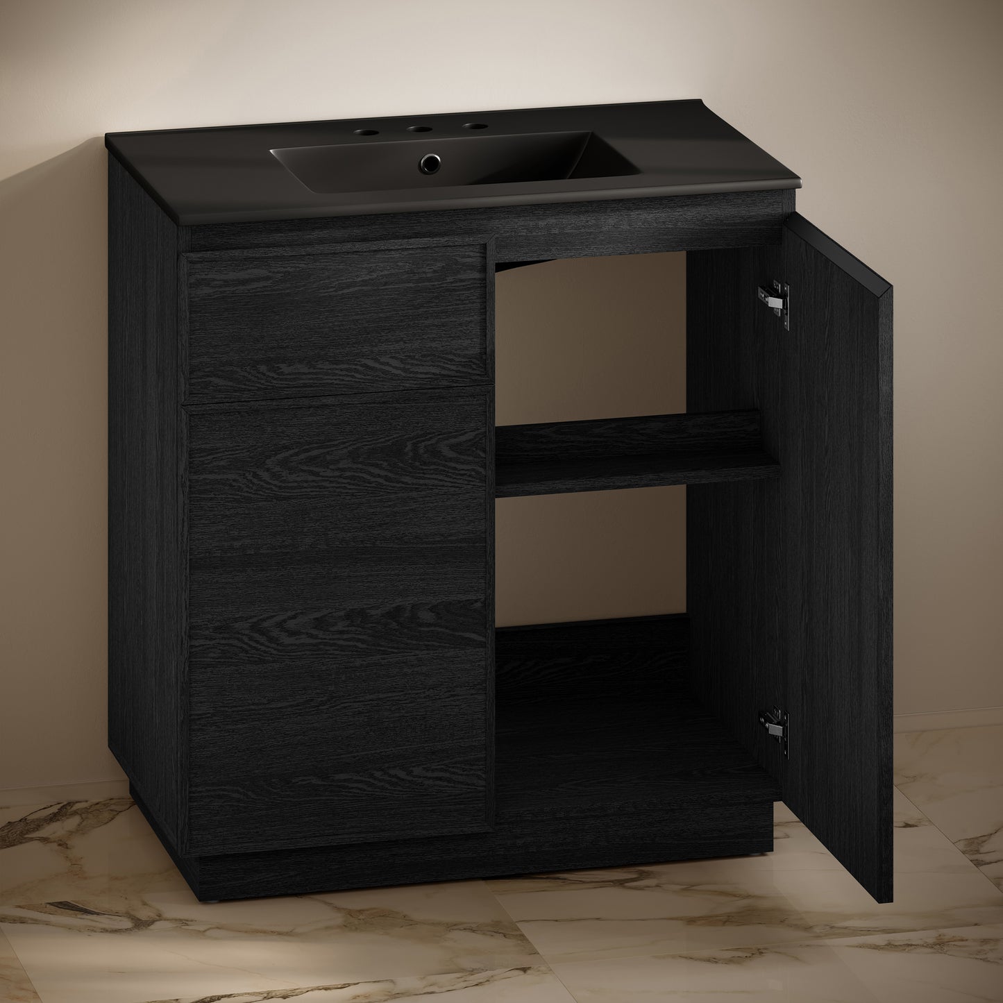 Swiss Madison, St. Tropez 36" Freestanding Bathroom Vanity in Black Oak with Black 3-Hole Widespread Sink Top