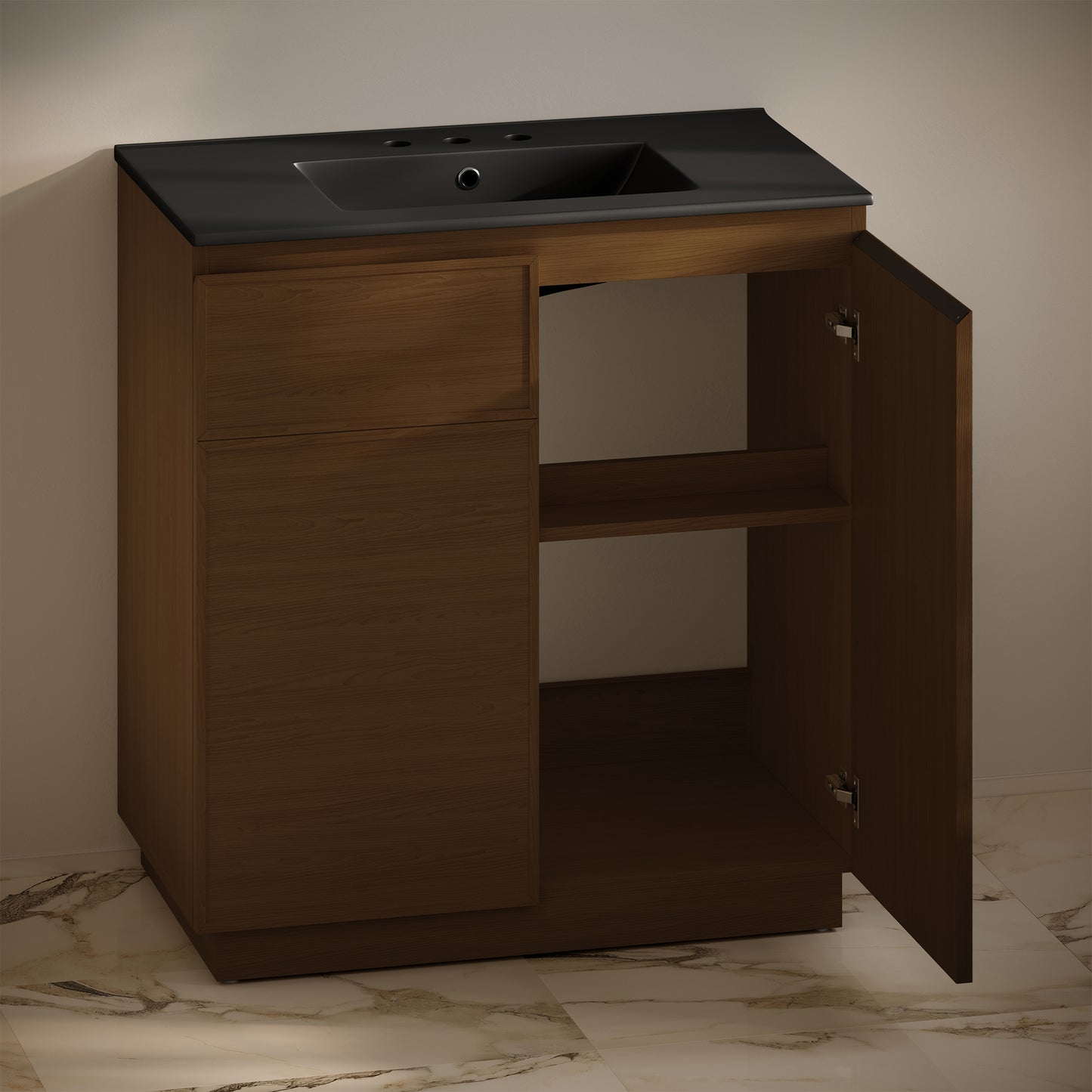 Swiss Madison, St. Tropez 36" Freestanding Bathroom Vanity in Brown Oak with Black 3-Hole Widespread Sink Top