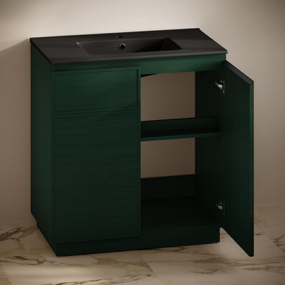 Swiss Madison, St. Tropez 36" Freestanding Bathroom Vanity in Green Oak with Black Sink Top