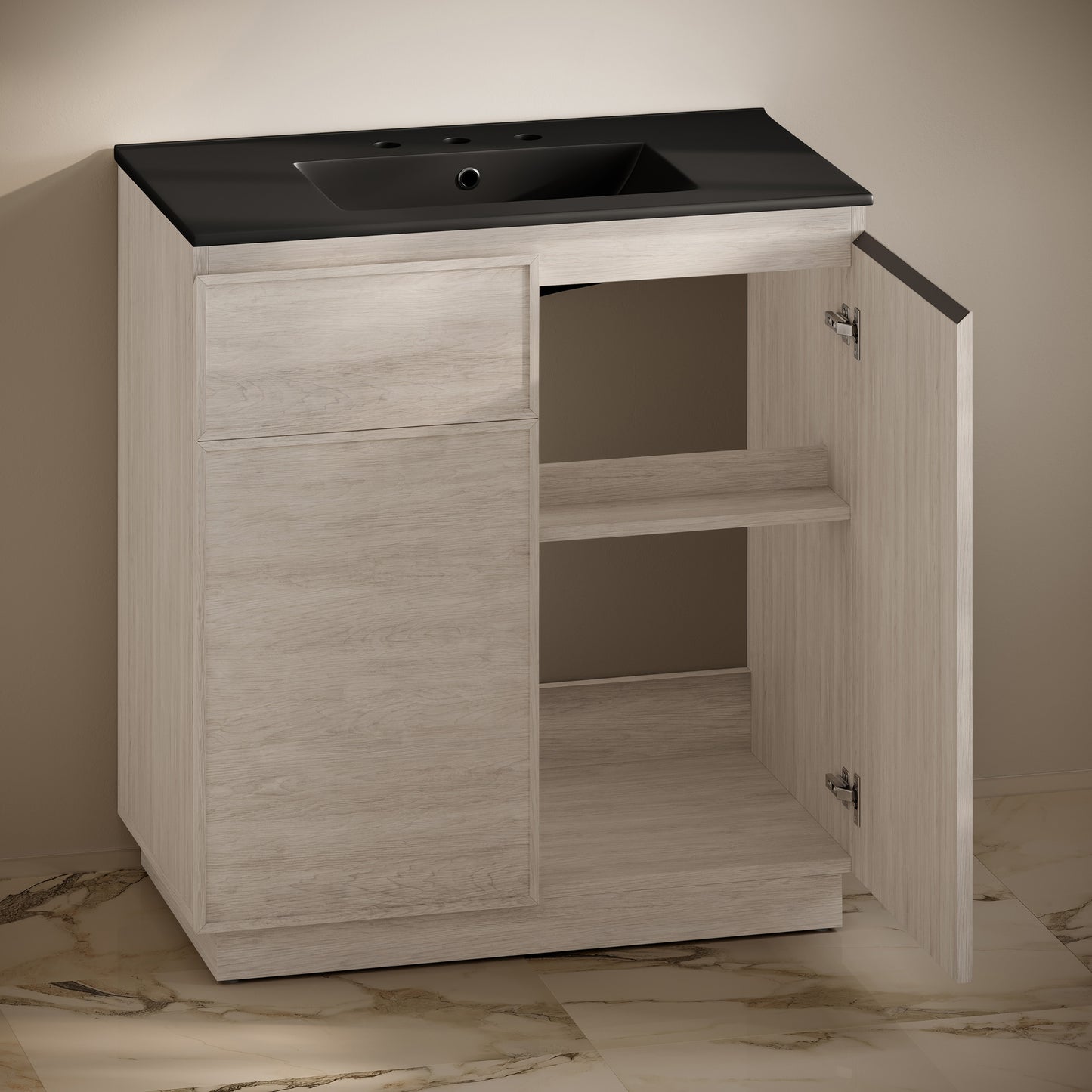 Swiss Madison, St. Tropez 36" Freestanding Bathroom Vanity in White Oak with Black 3-Hole Widespread Sink Top