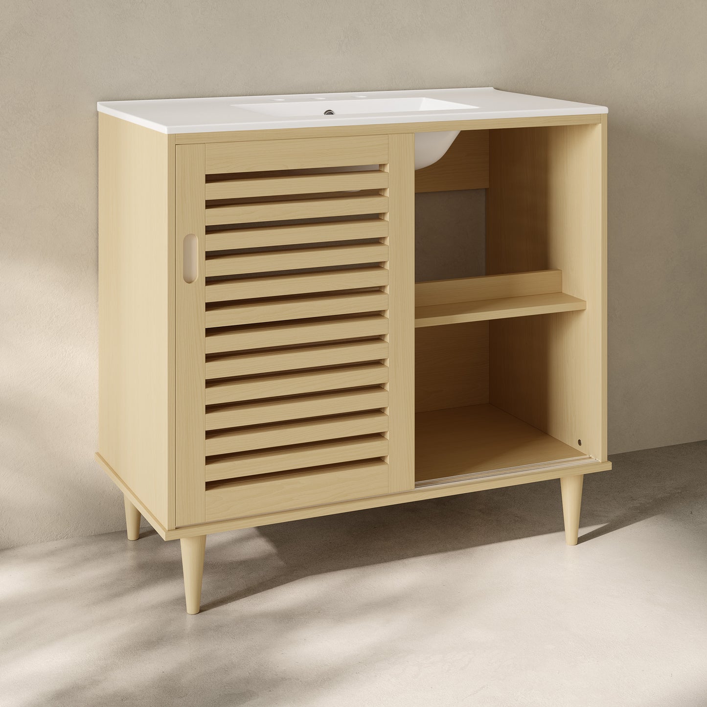 Swiss Madison, Delice 36" Freestanding Bathroom Vanity in Natural Oak with 3-Hole Widespread Sink Top