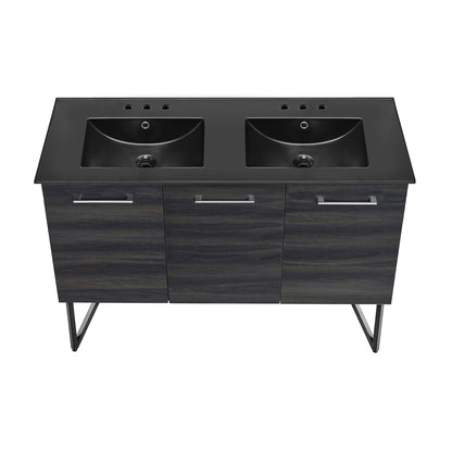 Swiss Madison, Annecy 48 in. Black Walnut, Double Basin Bathroom Vanity With Black, 3-Hole Ceramic Sink Top