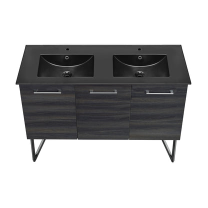 Swiss Madison, Annecy 48 in. Black Walnut, Double Basin Bathroom Vanity With Black Ceramic Sink Top