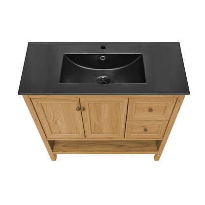 Swiss Madison, Chateau 36" Freestanding Bathroom Vanity in Golden Oak with Black Sink Top
