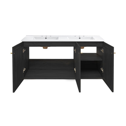 Swiss Madison, Classe 48" Wall-Mounted Bathroom Vanity in Black Oak with 3-Hole Widespread Double Basin Sink Top