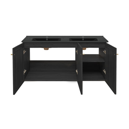 Swiss Madison, Classe 48" Wall-Mounted Bathroom Vanity in Black Oak with Black Double Basin Sink Top
