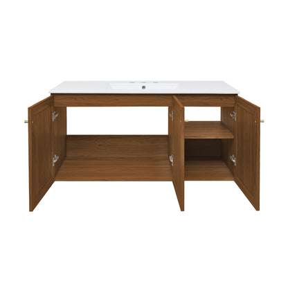 Swiss Madison, Classe 48" Wall-Mounted Bathroom Vanity in Brown Oak with 3-Hole Widespread Double Basin Sink Top