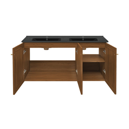Swiss Madison, Classe 48" Wall-Mounted Bathroom Vanity in Brown Oak with Black Double Basin Sink Top