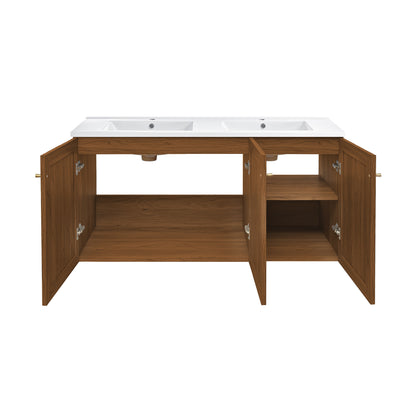 Swiss Madison, Classe 48" Wall-Mounted Bathroom Vanity in Brown Oak with Double Basin Sink Top