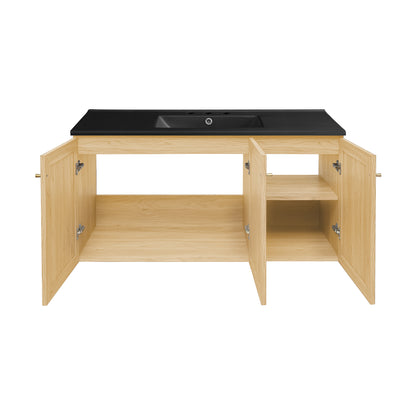 Swiss Madison, Classe 48" Wall-Mounted Bathroom Vanity in Natural Oak with Black 3-Hole Widespread Sink Top