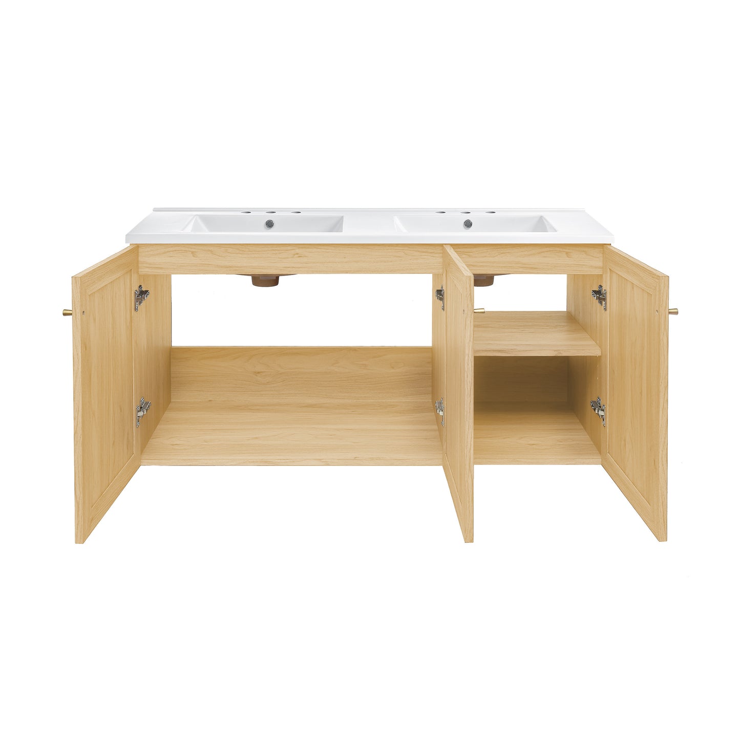 Swiss Madison, Classe 48" Wall-Mounted Bathroom Vanity in Natural Oak with 3-Hole Widespread Double Basin Sink Top