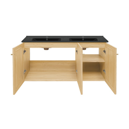 Swiss Madison, Classe 48" Wall-Mounted Bathroom Vanity in Natural Oak with Black Double Basin Sink Top