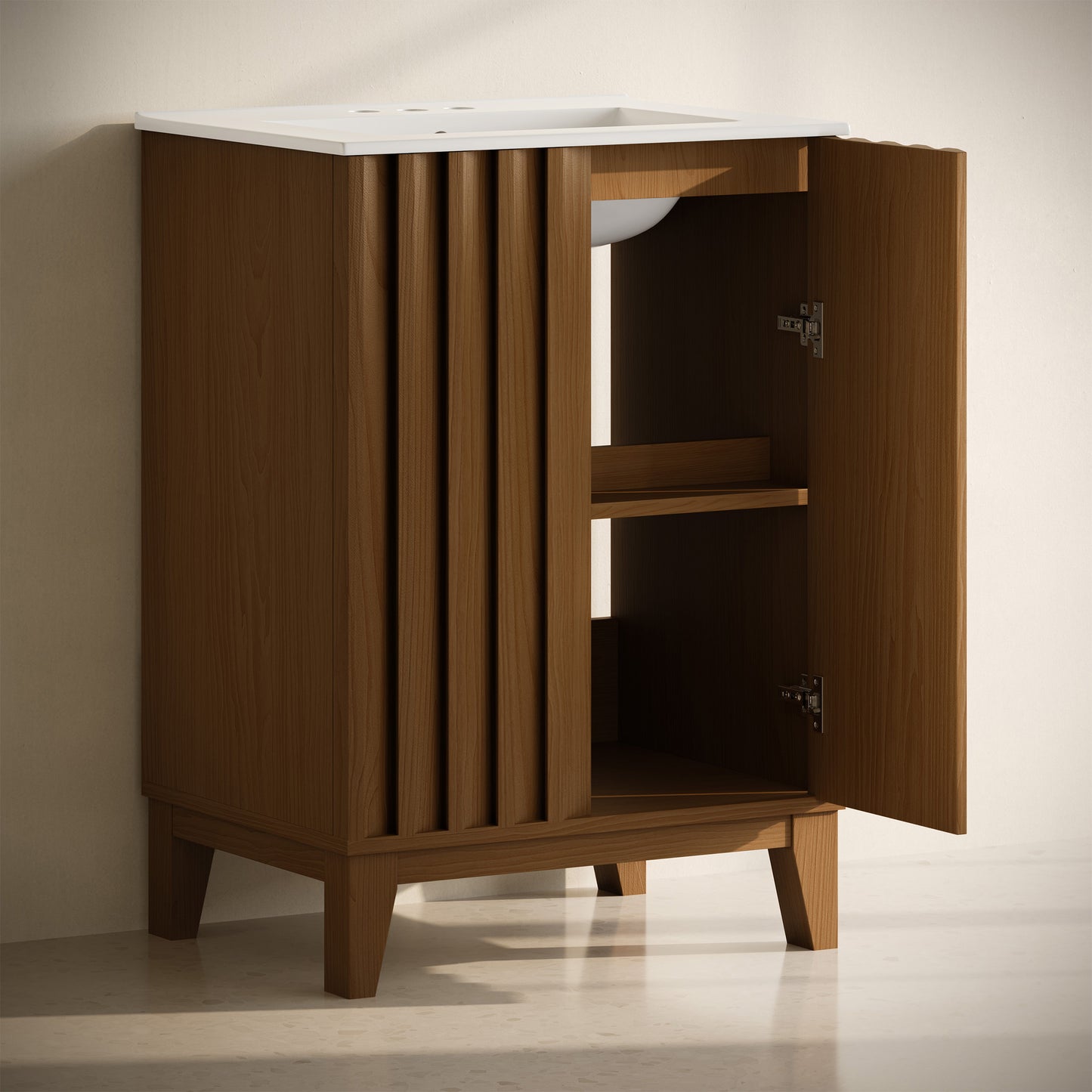 Swiss Madison, Troyes 24" Freestanding Bathroom Vanity in Brown Oak with 3-Hole Centerset Sink Top