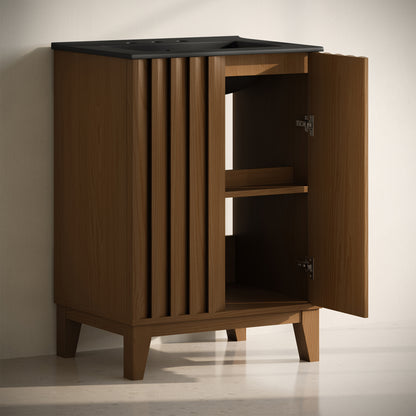 Swiss Madison, Troyes 24" Freestanding Bathroom Vanity in Brown Oak with Black 3-Hole Widespread Sink Top