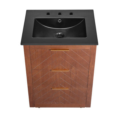 Swiss Madison, Daxton 24" Freestanding Bathroom Vanity in Brown Oak with Black 3-Hole Centerset Sink Top