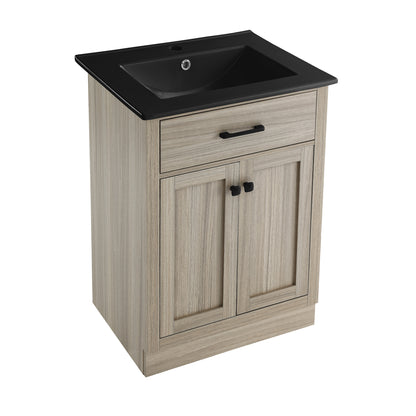 Swiss Madison, Burdon 24 in. Brown Oak Bathroom Vanity With Black Ceramic Sink Top
