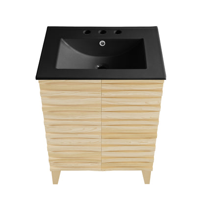 Swiss Madison, Cascade 24 in. Natural Oak Bathroom Vanity With Black, 3-Hole Ceramic Sink Top