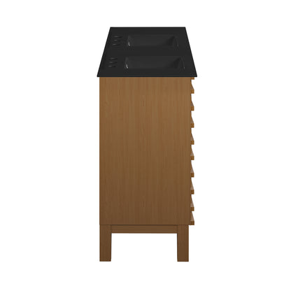 Swiss Madison, Cascade 48 in. Brown Oak, Double Basin Bathroom Vanity With Black, 3-Hole Ceramic Sink Top