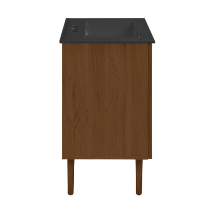 Swiss Madison, Bron 24" Freestanding Bathroom Vanity in Brown Oak with Black 3-Hole Centerset Sink Top