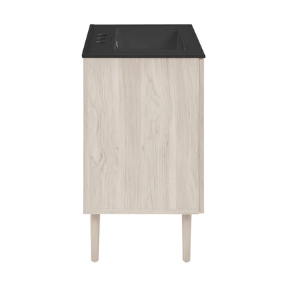 Swiss Madison, Bron 24" Freestanding Bathroom Vanity in White Oak with Black 3-Hole Centerset Sink Top