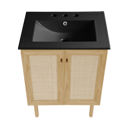 Swiss Madison, Classe 24" Freestanding Bathroom Vanity in Natural Oak with Black 3-Hole Centerset Sink Top
