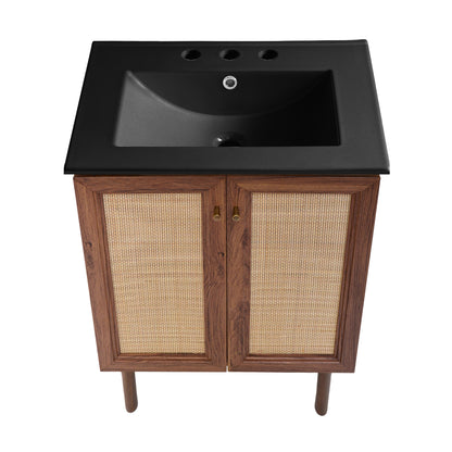 Swiss Madison, Classe 24" Freestanding Bathroom Vanity in Brown Oak with Black 3-Hole Centerset Sink Top
