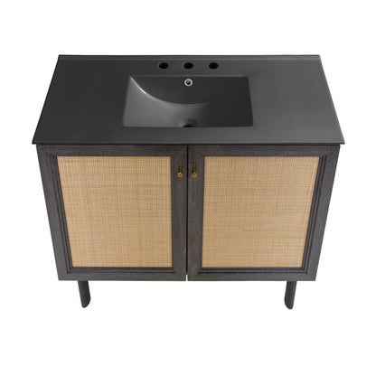 Swiss Madison, Classe 36" Freestanding Bathroom Vanity in Black Oak with Black 3-Hole Widespread Sink Top