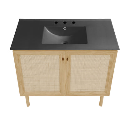 Swiss Madison, Classe 36" Freestanding Bathroom Vanity in Natural Oak with Black 3-Hole Widespread Sink Top