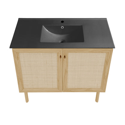Swiss Madison, Classe 36" Freestanding Bathroom Vanity in Natural Oak with Black Sink Top