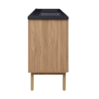 Swiss Madison, Classe 60" Freestanding Bathroom Vanity in Golden Oak with Black 3-Hole Widespread Double Basin Sink Top