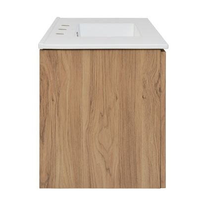 Swiss Madison, Classe 36 in. Brown Oak Wall Hung Bathroom Vanity With White, 3-Hole Ceramic Sink Top
