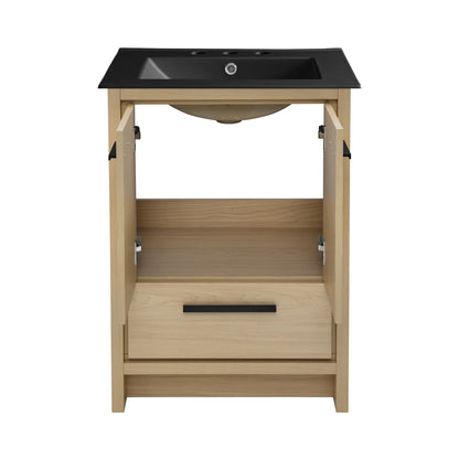 Swiss Madison, Virage 24 in. Brown Oak Bathroom Vanity With Black, 3-Hole Ceramic Sink Top