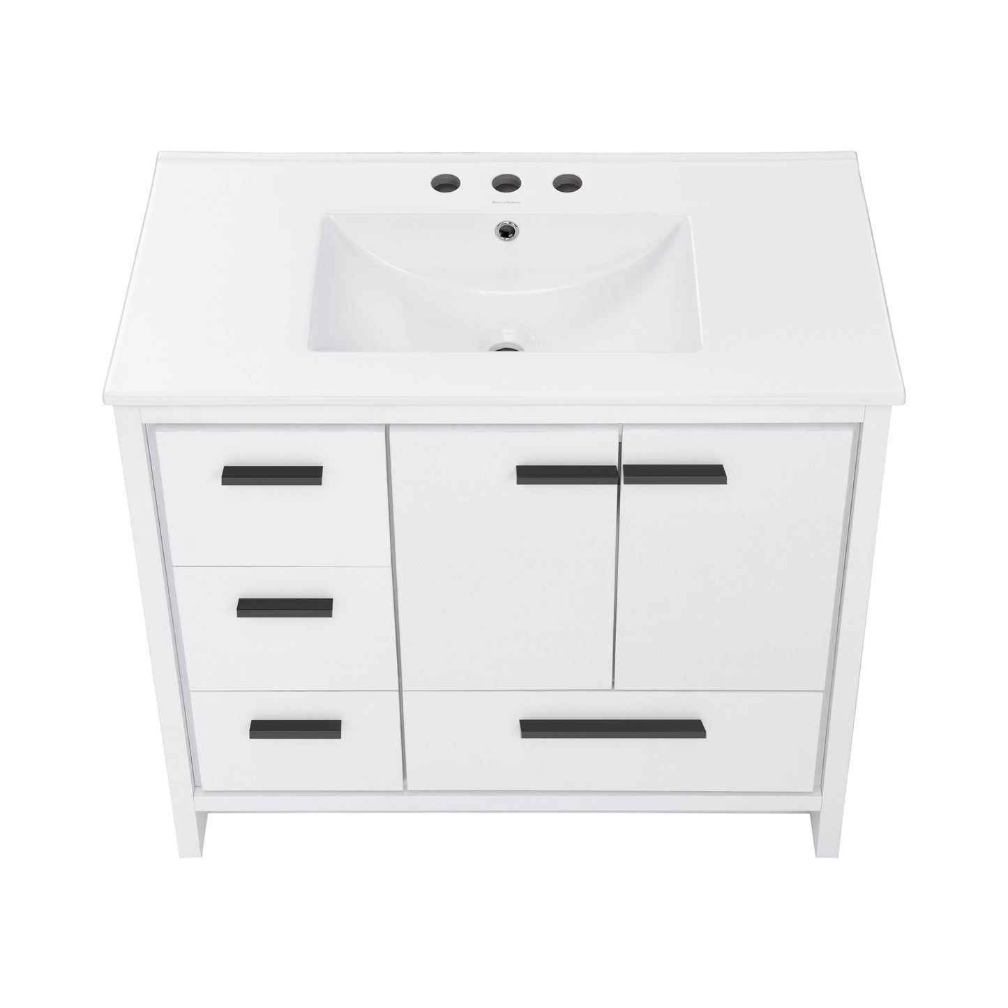 Swiss Madison, Virage 36 in. White Bathroom Vanity With White, 3-Hole Ceramic Sink Top