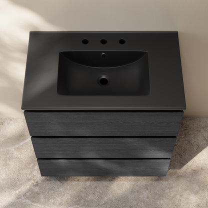 Swiss Madison, Liberte 30" Freestanding Bathroom Vanity in Black Oak with Black 3-Hole Widespread Sink Top