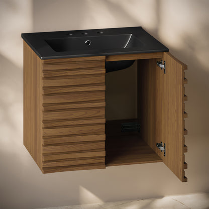 Swiss Madison, Cascade 24" Wall-Mounted Bathroom Vanity in Brown Oak with Black 3-Hole Widespread Sink Top